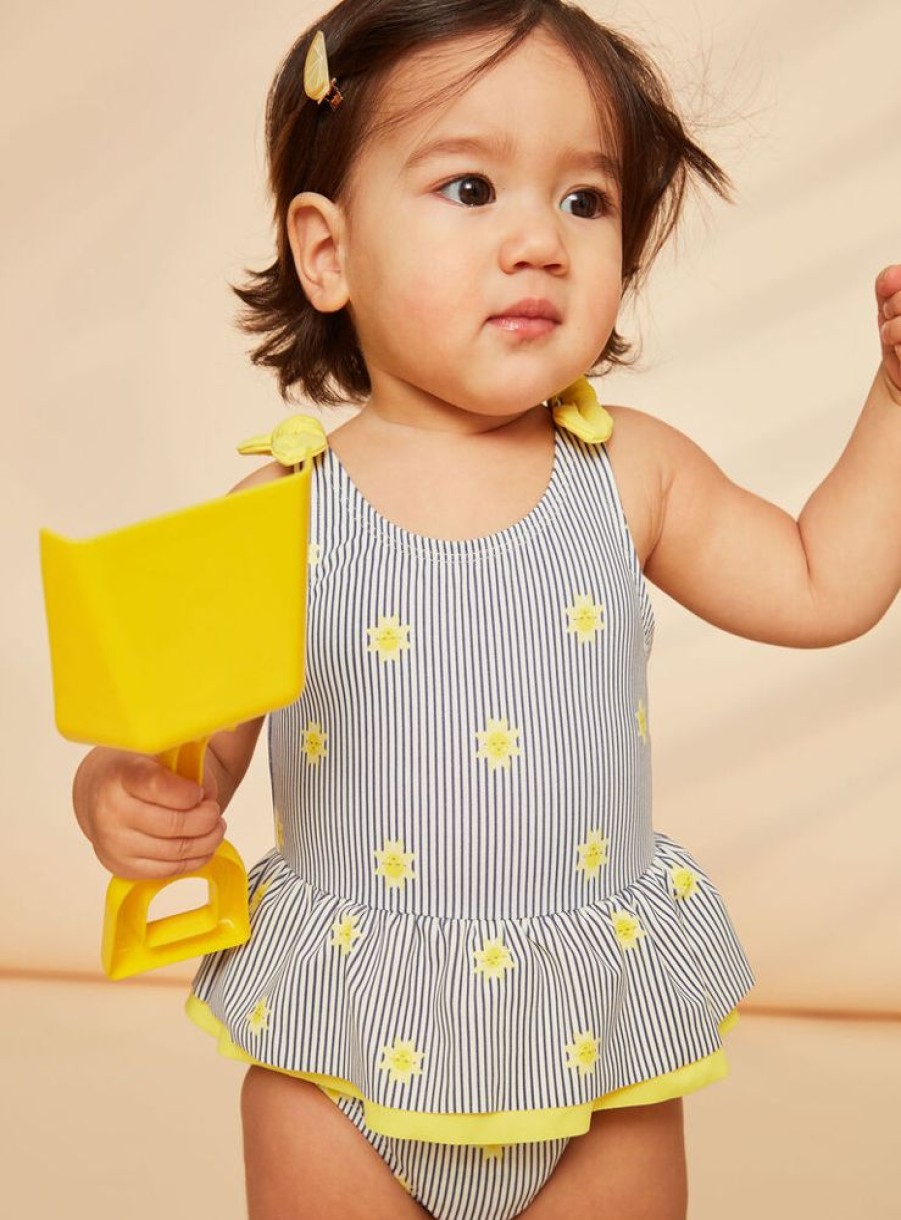 Bebe Fille Sergent Major Maillot De Bain | Maillot De Bain 1 Piece Bleu Marine Et Jaune A Imprime A Rayures Et Soleils